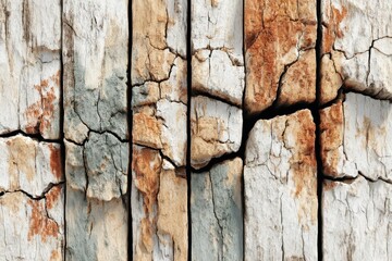 Poster - Close-up of weathered wood panels with cracked paint and textures, creating a rustic, vintage background with various shades of brown, gray, and white, and a touch of rust.