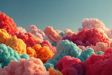 Poster - A vibrant and dreamy landscape filled with colorful cotton candy clouds under a clear blue sky, creating a surreal and whimsical scene with warm pastel tones.