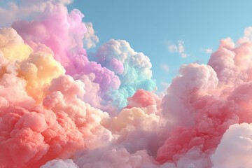 Poster - An enchanting view of pastel clouds gently floating across a serene blue sky, creating a dreamy and ethereal atmosphere, filled with soft light and color.