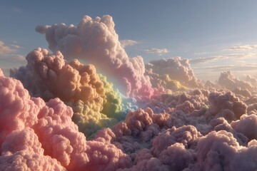 Poster - A surreal aerial view of cotton candy clouds with a rainbow arc, bathed in soft sunlight, creating a whimsical and dreamy skyscape perfect for fantasy or children's illustrations.