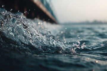 Poster - captivating close-up of a dynamic water wave crashing, showcasing its power and beauty near the pier