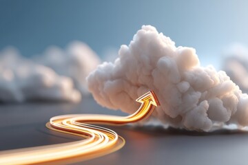 Poster - An upward-trending arrow emerges from the clouds, symbolizing business growth and success, against a soft sky, creating a sense of positive direction and prosperity.