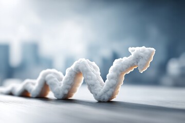 Poster - Conceptual growth arrow pointing upwards against a blurred cityscape backdrop, symbolizing business progress and positive market trends, a bright future ahead.
