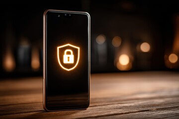 Poster - A smartphone displaying a glowing shield and padlock icon on a wooden surface, representing data security and digital privacy in a modern technological world.
