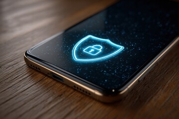 Poster - A close up of a modern smartphone displaying a glowing digital security shield with a padlock, suggesting advanced data protection and mobile security features.