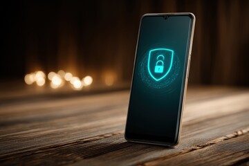 Poster - A sleek smartphone displays a digital security shield on its dark screen, resting on a rustic wooden surface, embodying data protection and privacy in the digital age.