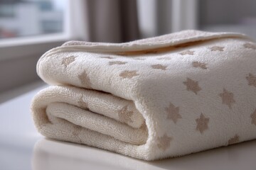 Poster - close-up of a neatly folded, soft, plush beige towel with star pattern, resting on a table, evoking 