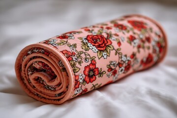 Poster - Close-up of a rolled up pink quilted blanket with red floral pattern on a white sheet, showcasing its texture and design in a warm and inviting home decor setting.