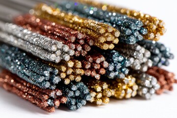 Poster - A dazzling macro shot of colorful metallic rods stacked upon each other, showcasing a shimmering, glittery texture, perfect for abstract, creative designs or backgrounds.