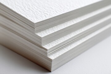 Poster - Close up of a neatly stacked pile of white textured paper, showing the edges and surface detail with soft lighting and shadow details, for presentations.