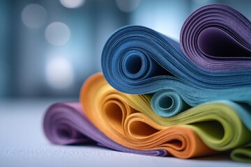 Fototapete - A colorful and inviting stack of rolled paper, perfect for design or crafting projects, showcasing a vibrant array of hues with a soft, blurred background.