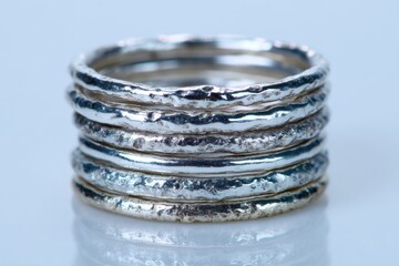 Poster - A close-up studio shot showcasing a stack of intricately textured silver rings, reflecting light and demonstrating detailed craftsmanship on a neutral surface.