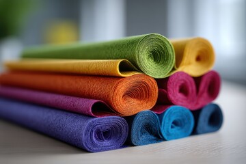 Poster - A vibrant assortment of colorful fabric rolls stacked together, creating a textured and visually appealing composition suitable for creative projects and textile design.