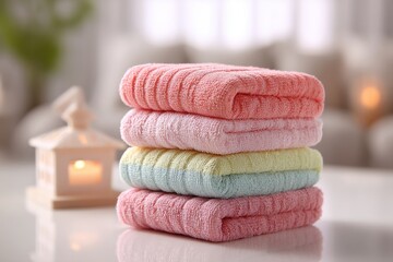 Poster - a neatly stacked pile of soft, colorful towels, offering a fresh and inviting feel, promising a spa-