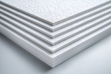 Poster - A stack of textured white paper sheets showing clean edges, perfect for high quality printing and artistic creations in a studio environment.