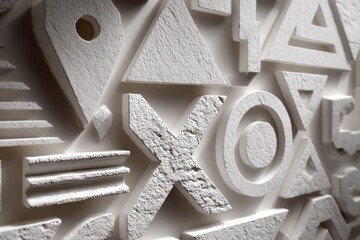Poster - Close-up of white textured geometrical shapes and symbols, artistic composition with triangles, circles and crosses creating a modern abstract design element, minimal shapes.