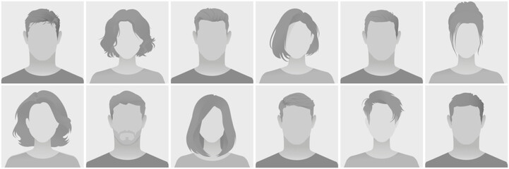 set of grayscale generic profile pictures featuring silhouettes of men and women with various hairst