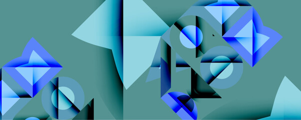 Poster - Abstract geometric composition. Blue shapestriangles, circlesoverlap muted green background. Modern design evokes depth, dimension, visual complexity. Clean lines, gradients create dynamic interplay.