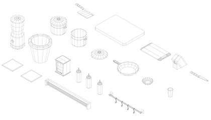 Poster - A white background with a bunch of items scattered around it. The items include a cup, a bowl, a spoon, a knife, a bottle, a cupcake pan, a bowl, a cup, a spoon, a cup, a bowl. Isometric view