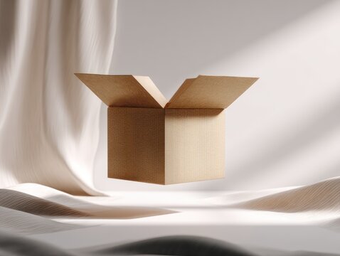 Open cardboard box, floating in a soft, ethereal setting