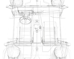Poster - A drawing of a car with a steering wheel and two seats. The car is a small vehicle with a large wheel