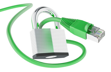 Poster - Ethernet LAN Cable Locked with Padlock. Network Security Concept. 3D rendering isolated on transparent background