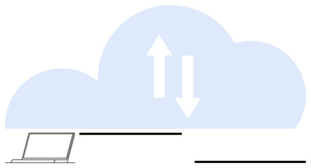 Poster - cloud and arrows illustrating data upload and download above a connected laptop. ideal for technolog