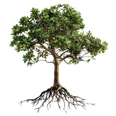 Poster - Lush Green Tree with Dense Foliage and Exposed Roots, Ideal for Nature, Environment, and Outdoor Themes transparent background png