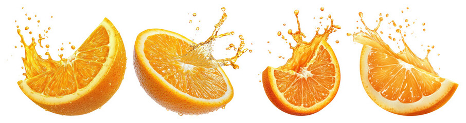Wall Mural - png four orange slices with splashing juice effects element set on transparent background.