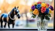 © Maz - Colorful rose bouquet in vase, horse figurine in background