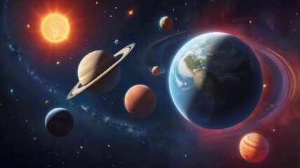 Wall Mural - colorful solar system with planets orbiting a vibrant sun
