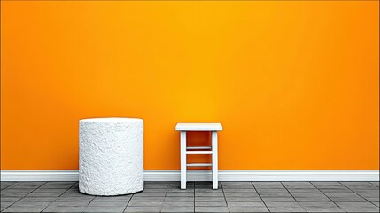 Poster - White cylinder and small table against a vibrant orange wall.