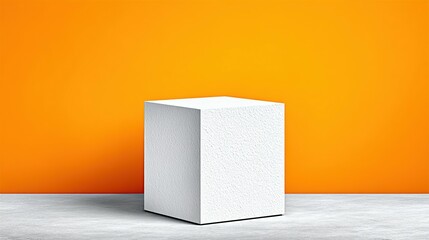 Poster - White cube display podium against orange background.
