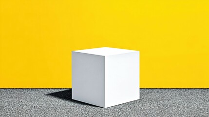 Poster - White cube display against a yellow wall.