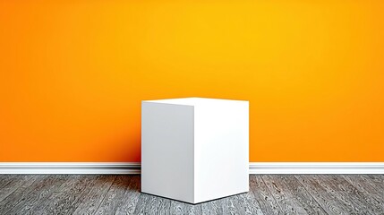 Poster - Empty white cube display on orange background.