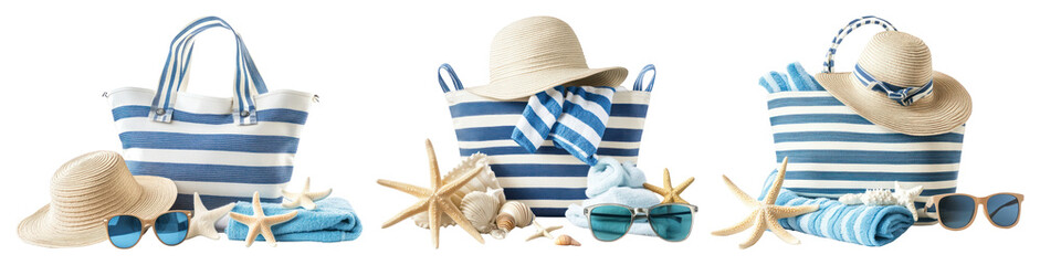 PNG Beach bags with hats, towels, and starfish decor element set on transparent background.