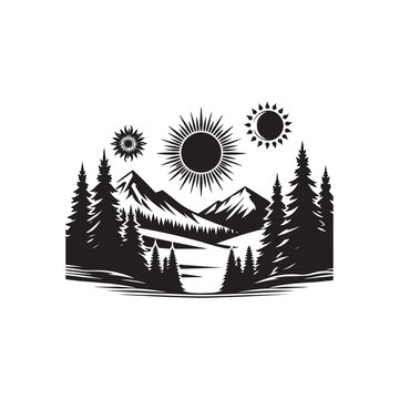 Winter Solstice Silhouette Vector Illustration, Solid White Background.