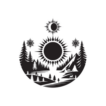 Winter Solstice Silhouette Vector Illustration, Solid White Background.