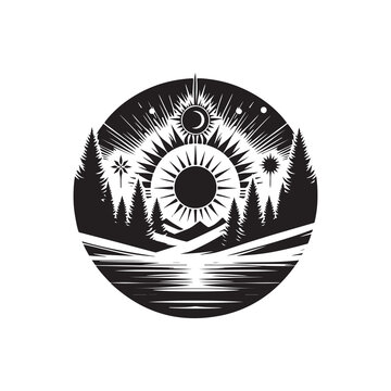 Winter Solstice Silhouette Vector Illustration, Solid White Background.