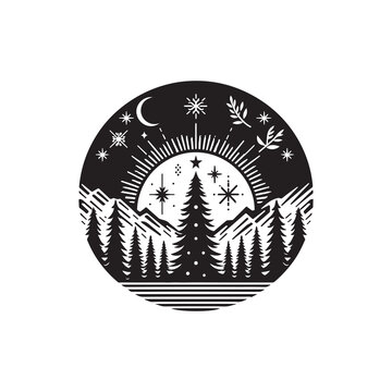 Winter Solstice Silhouette Vector Illustration, Solid White Background.