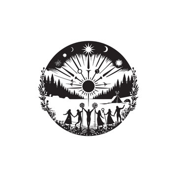 Winter Solstice Silhouette Vector Illustration, Solid White Background.