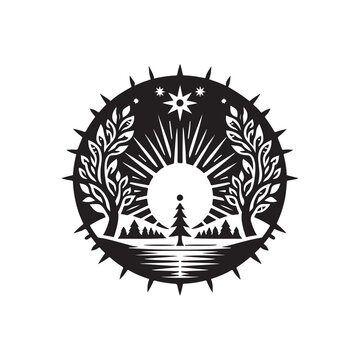 Winter Solstice Silhouette Vector Illustration, Solid White Background.