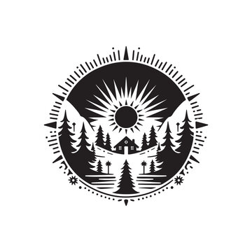 Winter Solstice Silhouette Vector Illustration, Solid White Background.