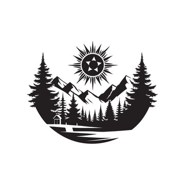 Winter Solstice Silhouette Vector Illustration, Solid White Background.
