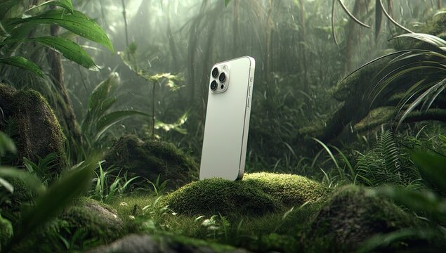 Modern phone in lush jungle setting