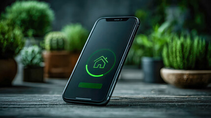 Poster - Modern smartphone with a glowing green smart home icon on screen, surrounded by potted plants on a wooden table