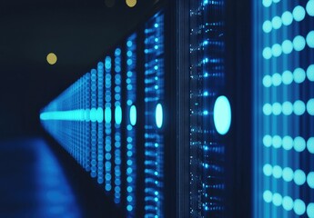 Leinwandbilder - 3D rendering of blue glowing server racks in a dark data center with circular LED indicators, great for cybersecurity visuals, IT infrastructure topics, and tech marketing content