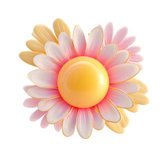 Poster - Colorful 3D of a bright cheerful flower with soft pastel petals surrounding a glowing yellow sun on a clean minimalist background
