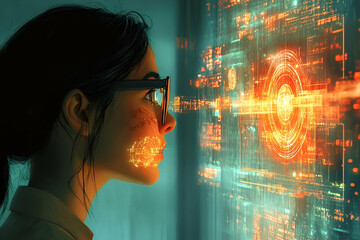 Poster - A young woman gazes at a futuristic digital interface.