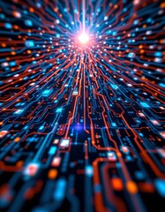 Fototapete - abstract futuristic network technology background with a central glowing node at the top, leaving plenty of copy space at the bottom for photo use.